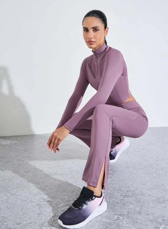 Pink Solid Half-Zip High Neck Crop Top and Flared leggings Activewear Set
