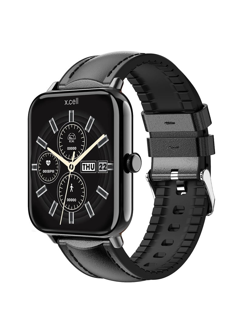 Xcell - Xcell G8 Talk Pro Smart watch, Heart Rate/Blood Pressure/Oxygen Level Monitoring, Receive & Make Calls,Water Resistance: IP67, 1 Week Battery Life, Compatibility: IOS/Android-Black Leather - Image 1