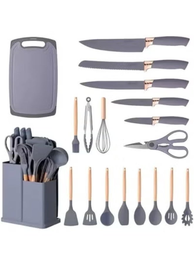 تايجر 19-Piece Silicone Kitchen Utensil Set with Wooden Handles – Heat-Resistant Nonstick Cooking Tools in Elegant Grey – Includes Stainless Steel Knives, Chopping Board, Turner, Spatula, Whisk, Tongs, Spoon, Measuring Cups & More – Premium Cooking Set for Modern Homes  - Image 1