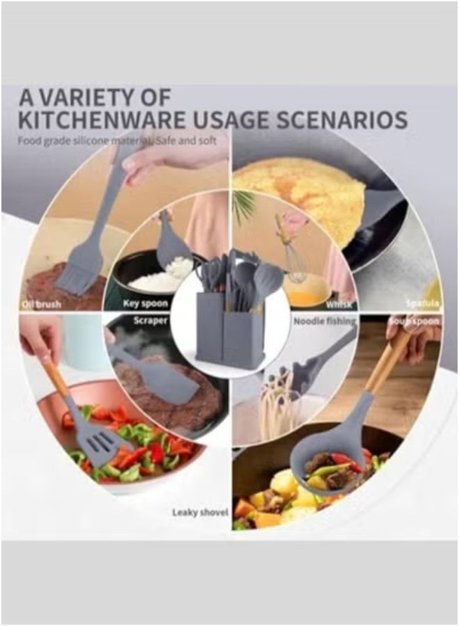 تايجر 19-Piece Silicone Kitchen Utensil Set with Wooden Handles – Heat-Resistant Nonstick Cooking Tools in Elegant Grey – Includes Stainless Steel Knives, Chopping Board, Turner, Spatula, Whisk, Tongs, Spoon, Measuring Cups & More – Premium Cooking Set for Modern Homes  - Image 3