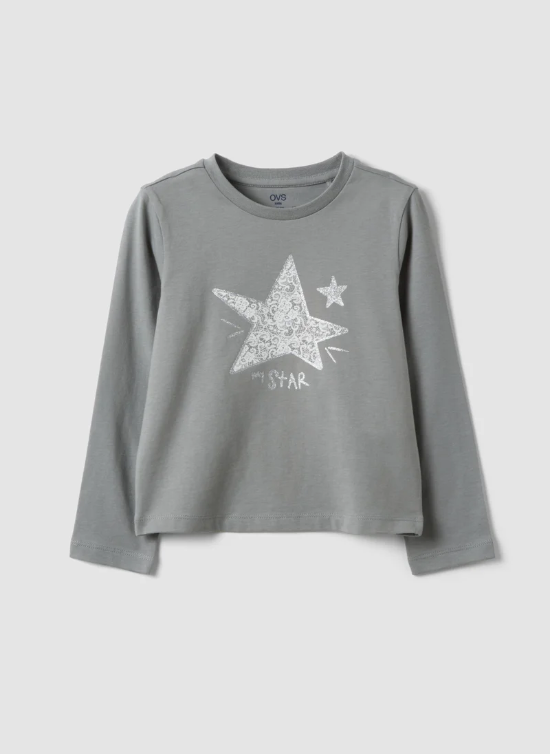 او في اس OVS Grey organic cotton T-shirt with front print for girls
