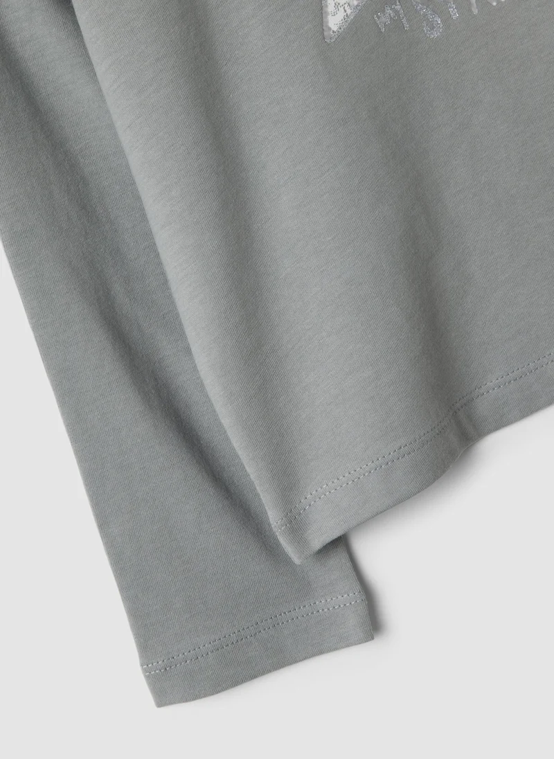 او في اس OVS Grey organic cotton T-shirt with front print for girls