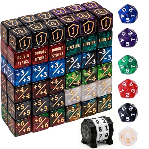 PUGED 79 Pcs MTG Dice Set in 12 Colors with Plus 1 Life Counter Dices Buff Ability Keyword Tokens Shield and Spindown Dice Life Counter Wheel Bag For MTG TCG Cards Gaming Accessories Black and Purple - Image 1