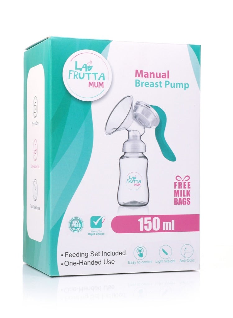 لا فروتا مضخة حليب يدوية من La Frutta MUM، ناعمة ولطيفة، يدوية، خالية من مادة BPA، زجاجة أطفال كلاسيكية سعة 150 مل، حلمة سيليكون، تتضمن أكياس تخزين الحليب المجانية. - Image 2
