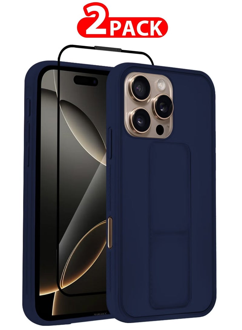 ELTRAZONE 2-Pack Premium PU Leather Case & Screen Protector for iPhone 16 Pro Max – Shockproof, Anti-Scratch, Stand Function, Finger Grip Case Cover (Blue) - Image 1