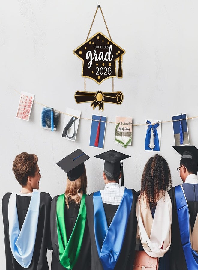 YUNKKIN 2026 Graduation Decorations Congrats Grad Class of 2026 Door Sign Congrats Grad Hanging Sign Wall Decor Wooden Graduation Photo Booth Props for Graduation Party Indoor Outdoor Decor Black and Gold - Image 4