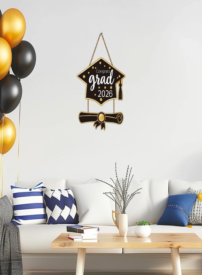 YUNKKIN 2026 Graduation Decorations Congrats Grad Class of 2026 Door Sign Congrats Grad Hanging Sign Wall Decor Wooden Graduation Photo Booth Props for Graduation Party Indoor Outdoor Decor Black and Gold - Image 5