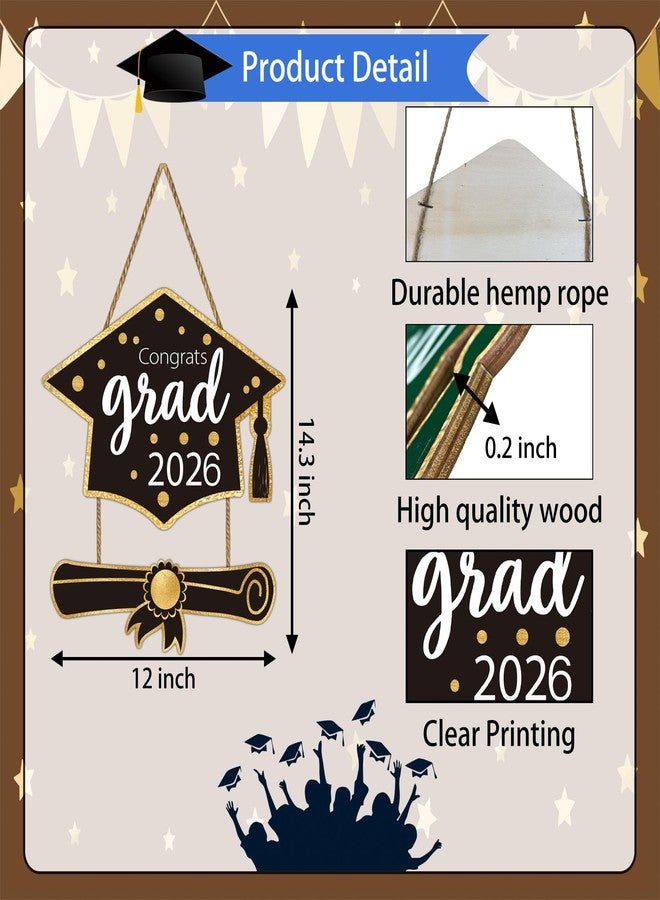 YUNKKIN 2026 Graduation Decorations Congrats Grad Class of 2026 Door Sign Congrats Grad Hanging Sign Wall Decor Wooden Graduation Photo Booth Props for Graduation Party Indoor Outdoor Decor Black and Gold - Image 2
