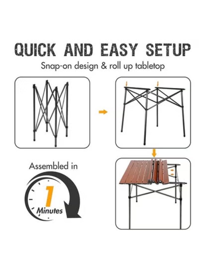 Folding Camping Table, Portable Roll Up Wood Style Tabletop Aluminum Frame Table, Quick Assembly Compact Outdoor Table For Picnic, BBQ, Beach, Fishing & Garden Use - Image 2