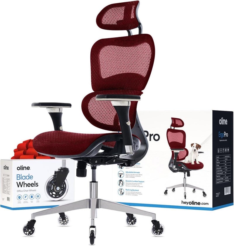 Oline ErgoPro Ergonomic Office Chair with 4D Adjustable Armrest 3D Lumbar Support and Blade Wheels  Mesh Computer Gaming Rolling Desk Executive Swivel Home Chair Burgundy Red