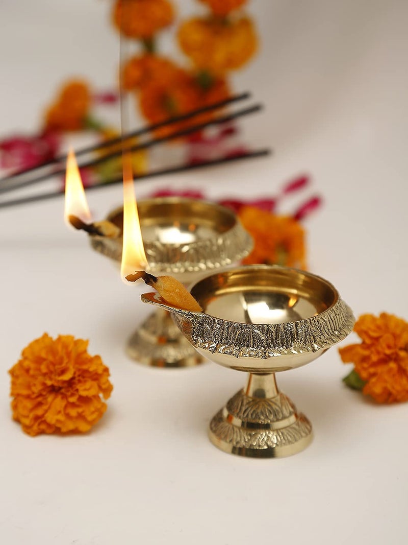 GUG Brass Traditional Brass Kubera Vilakku with Stand/Traditional Puja Diya Lamp with Stand/Pooja Lamp Pooja Home Decor Set of 2 (2inch) - Image 1