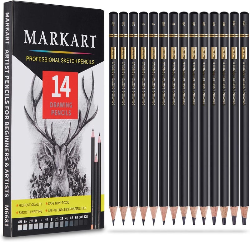 MARKART Professional Drawing Sketching Pencil Set - 14 Pieces,Graphite,(12B - 4H), Ideal for Drawing Art, Sketching, Shading, Artist Pencils for Beginners & Pro Artists - Image 1