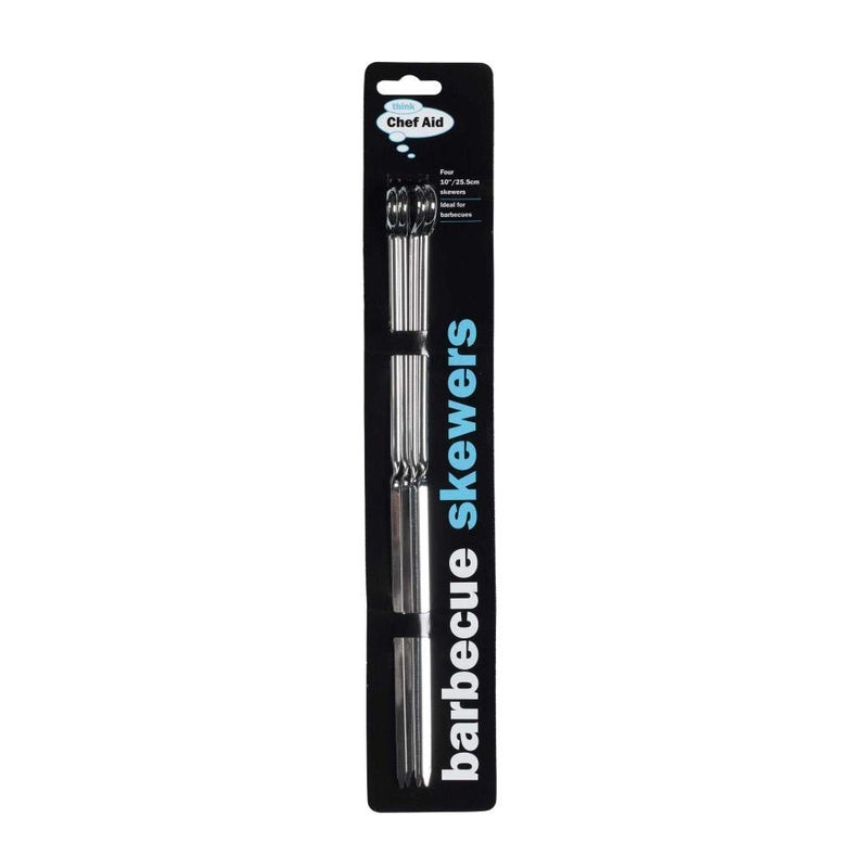 Chef Aid 10 Inch Metal BBQ Skewers Ideal for BBQs and Homemade Kebabs and Perfect for Meat Vegetables and Sweet Treats Pack of 4 Skewers Each Measuring 255cm  10 inches