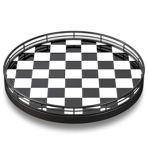 AMH 102Inch Black White Checkerboard Lazy Susan Organizer Rotating Serving Tray with Oak Base Iron Frame Ceramic Tile Perfect for Dining Table Kitchen Cabinet Bathroom Countertop Home Dcor - Image 1