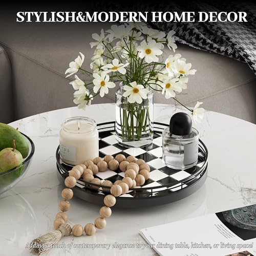 AMH 102Inch Black White Checkerboard Lazy Susan Organizer Rotating Serving Tray with Oak Base Iron Frame Ceramic Tile Perfect for Dining Table Kitchen Cabinet Bathroom Countertop Home Dcor - Image 3