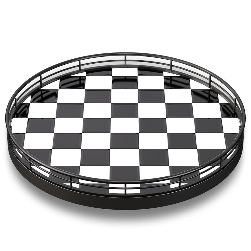 AMH 102Inch Black White Checkerboard Lazy Susan Organizer Rotating Serving Tray with Oak Base Iron Frame Ceramic Tile Perfect for Dining Table Kitchen Cabinet Bathroom Countertop Home Dcor - Image 2
