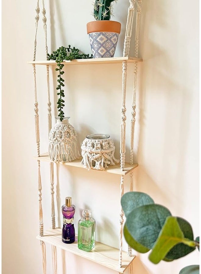 Antikiano Macrame Wall Hanging Shelf - 3 Tier Wall Shelves Boho Wall Decor Storage Shelf Plant Shelf Bookshelf 13.7"W x 50"H - Image 3