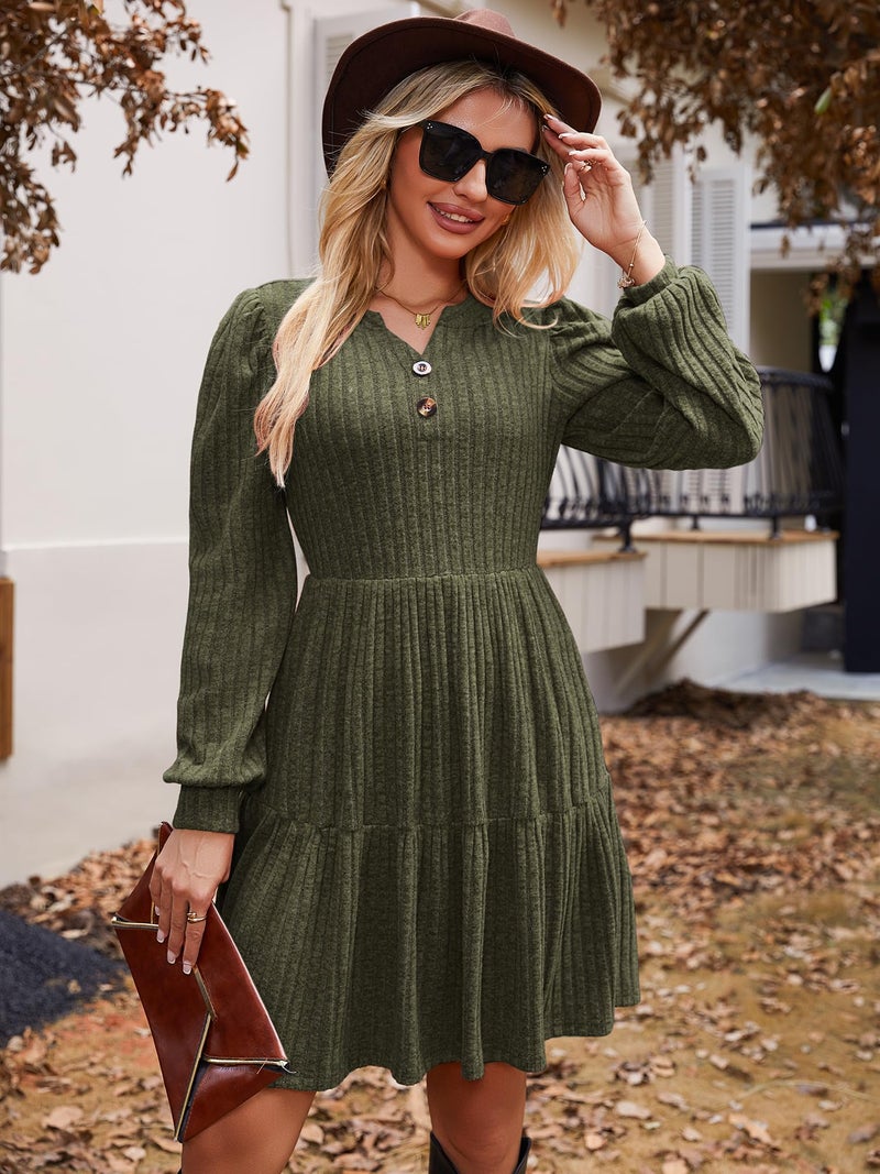 UEAL Long Sleeve Dress for Women Fall Casual Aline Puff Sleeve Sweater Dresses 2025 Small Army Green - Image 3