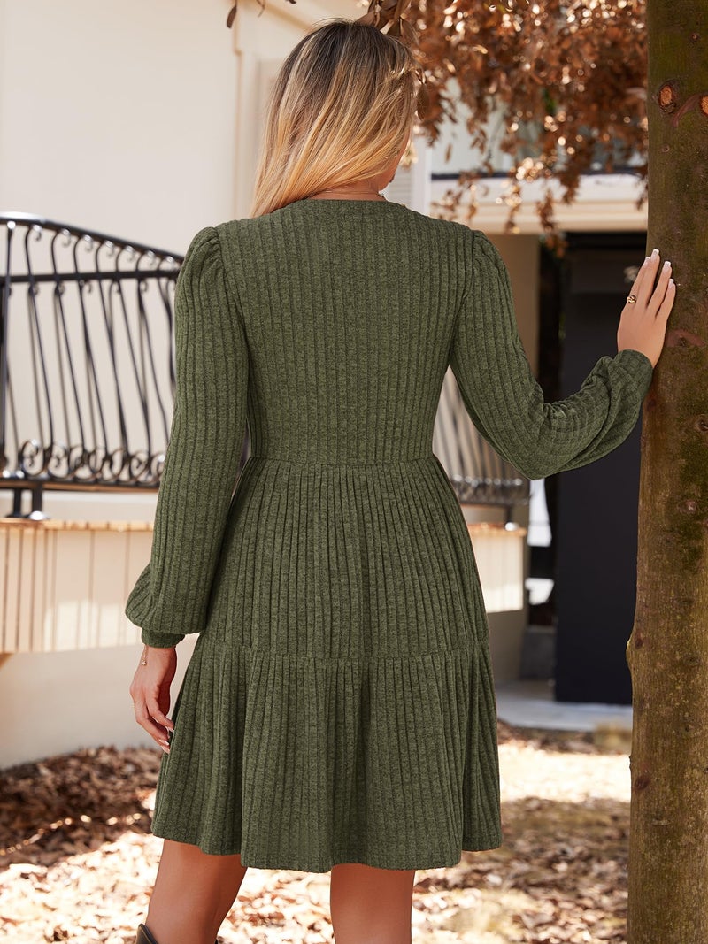 UEAL Long Sleeve Dress for Women Fall Casual Aline Puff Sleeve Sweater Dresses 2025 Small Army Green - Image 5