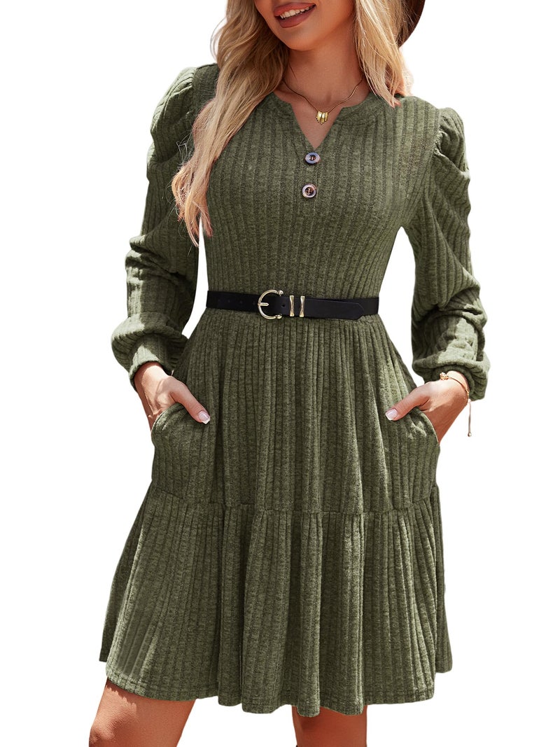 UEAL Long Sleeve Dress for Women Fall Casual Aline Puff Sleeve Sweater Dresses 2025 Small Army Green - Image 1