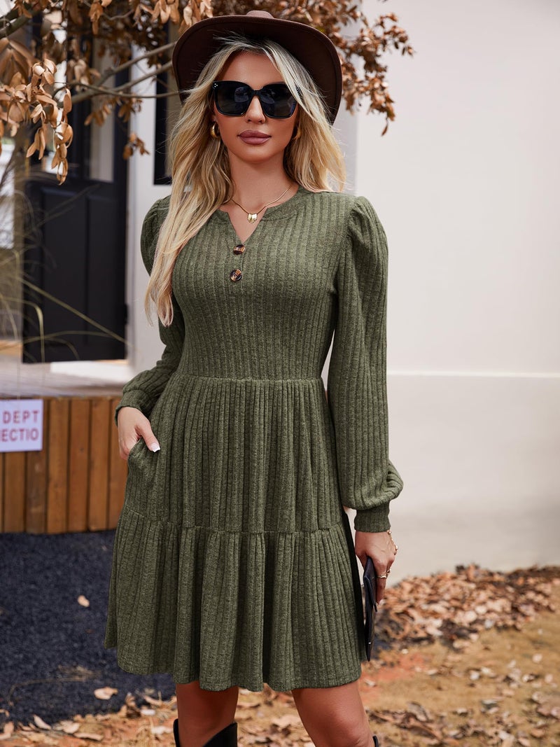UEAL Long Sleeve Dress for Women Fall Casual Aline Puff Sleeve Sweater Dresses 2025 Small Army Green - Image 2