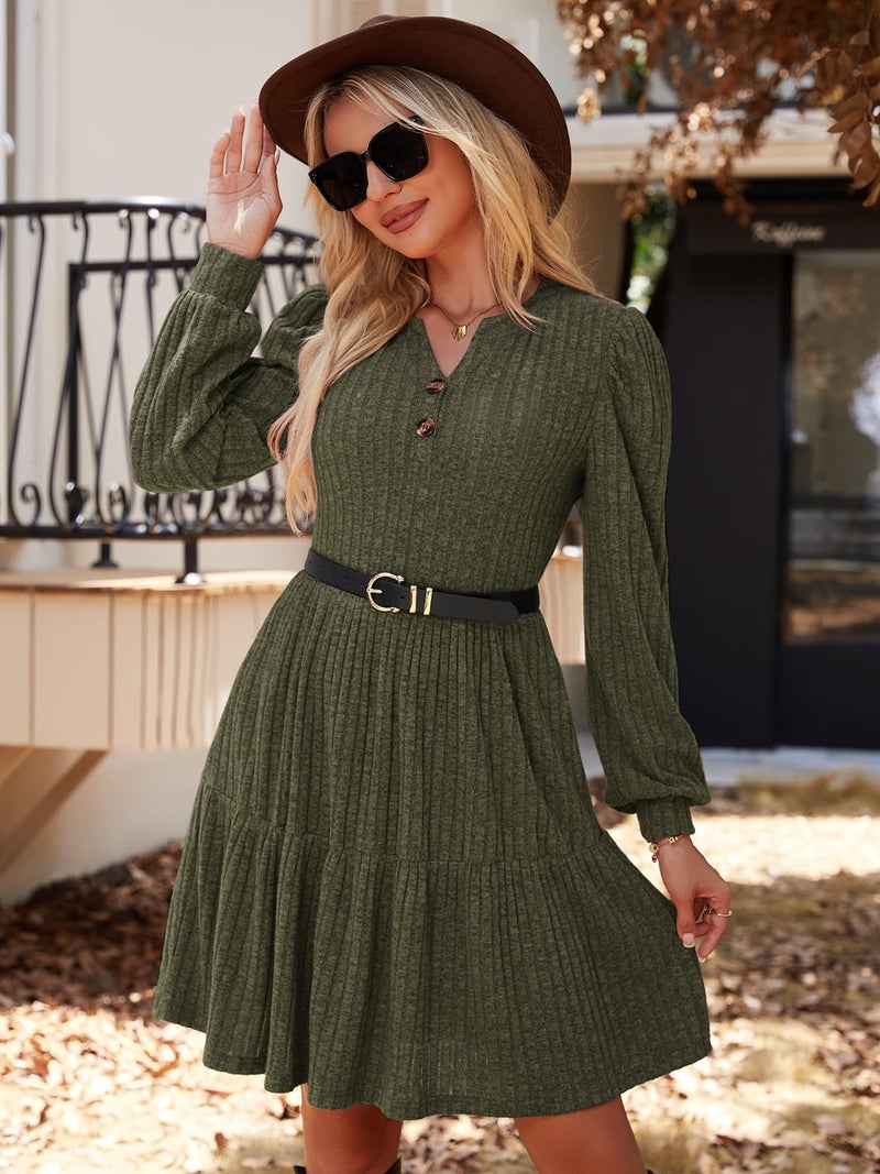 UEAL Long Sleeve Dress for Women Fall Casual Aline Puff Sleeve Sweater Dresses 2025 Small Army Green - Image 4