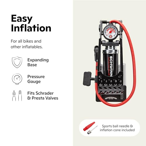 SCHWINN مضخة هواء شوان إير بيس بلس، مقياس ضغط إير زون، مضخة هواء عالية الضغط، فوهة مزدوجة تناسب صمامات شرايدر وبريستا، بحد أقصى 120 PSI، سوداء - Image 2