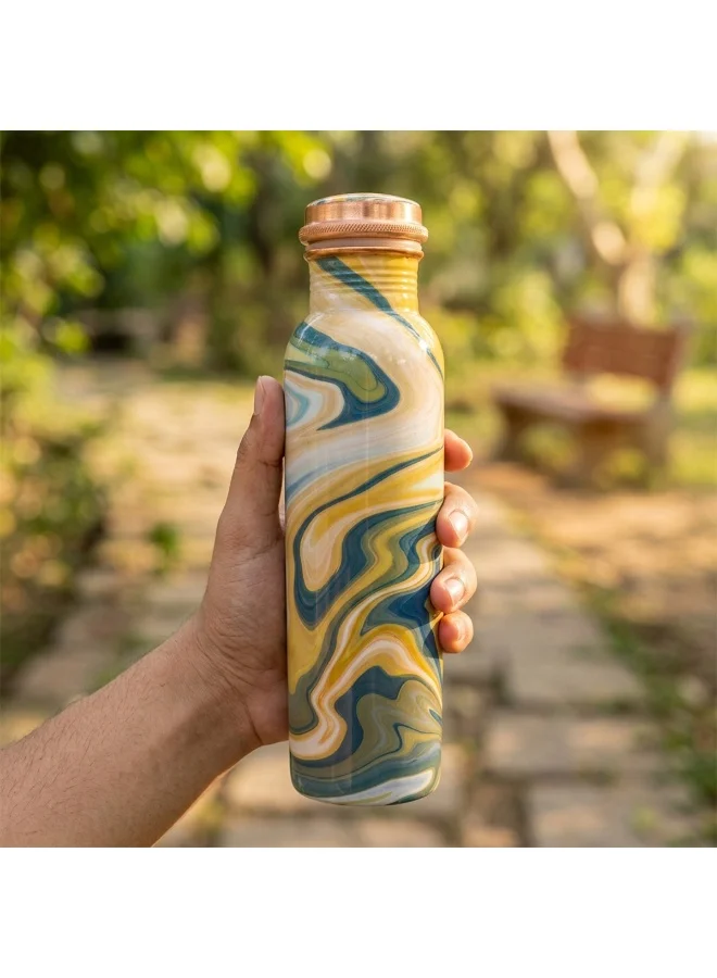 Mobcos Mobcos Golden Ocean Wave Copper Water Bottle 1 Ltr, 99% Pure Copper Bottle with Leakproof Screw Cap, Handmade Marbled Design, Reusable Water Bottle for Home, Office & Travel
