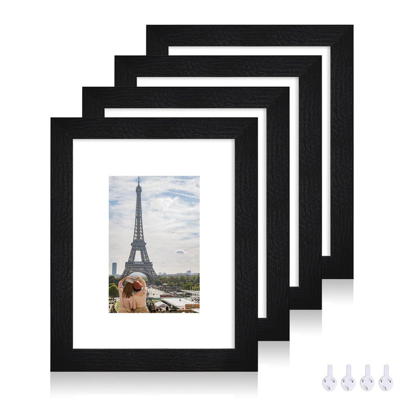 Hongkee 8x10 Picture Frame Set of 4, Made of Real Glass and Rustic Black Wooden Frame, 8 by 10 Photo for Wall or Tabletop - Display Picture 5x7 with Mat or 8x10 Without Mat - Image 1