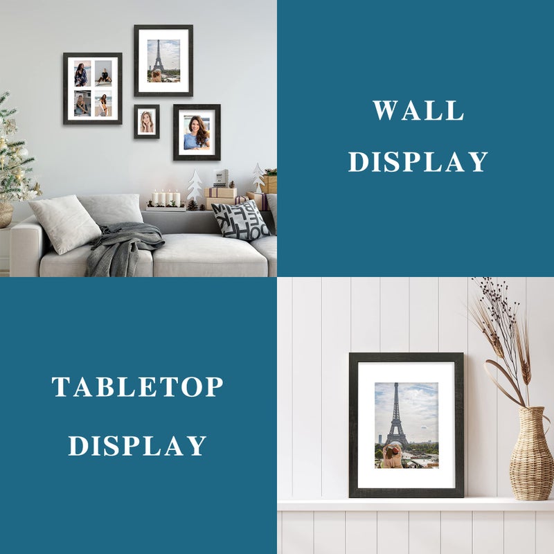 Hongkee 8x10 Picture Frame Set of 4, Made of Real Glass and Rustic Black Wooden Frame, 8 by 10 Photo for Wall or Tabletop - Display Picture 5x7 with Mat or 8x10 Without Mat - Image 3