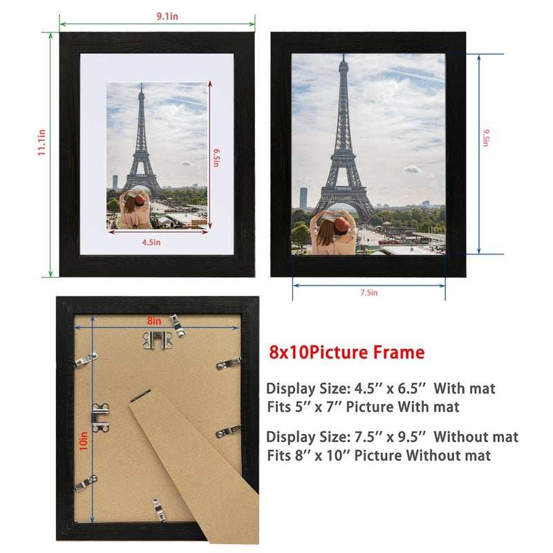 Hongkee 8x10 Picture Frame Set of 4, Made of Real Glass and Rustic Black Wooden Frame, 8 by 10 Photo for Wall or Tabletop - Display Picture 5x7 with Mat or 8x10 Without Mat - Image 2