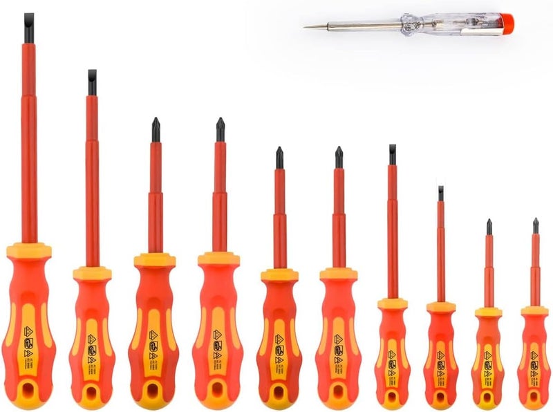 Gunpla 11 Pieces VDE Insulated Screwdriver Set, 1000V with Black Tip Magnetic, TPR Handle Electrician Soft-Grip Slotted Phillips and Pozi Tools with Safety Tester for Electrician Repair - Image 1
