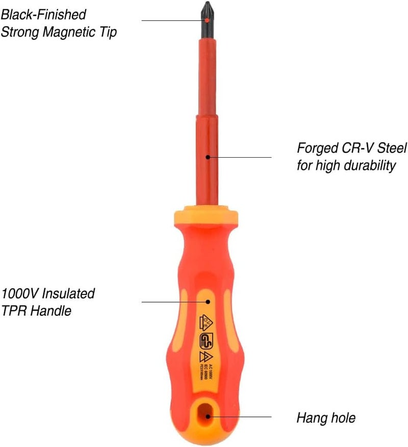 Gunpla 11 Pieces VDE Insulated Screwdriver Set, 1000V with Black Tip Magnetic, TPR Handle Electrician Soft-Grip Slotted Phillips and Pozi Tools with Safety Tester for Electrician Repair - Image 3