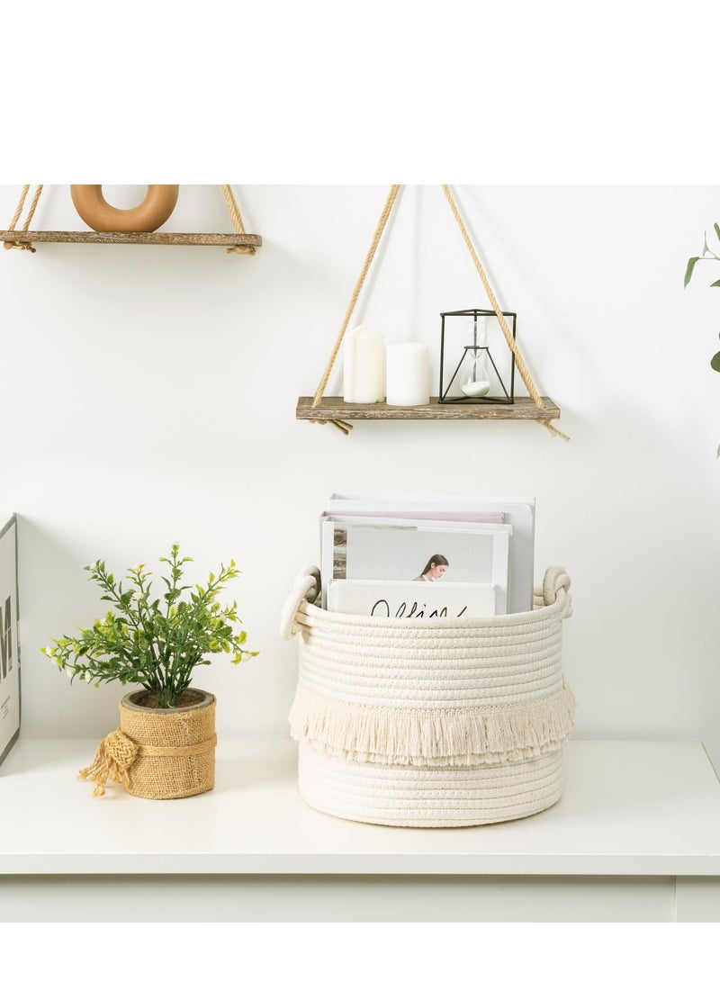 Small Woven Storage Baskets Cotton Rope Decorative Hamper for Diaper, Blankets, Magazine and Keys, Tassel Nursery Decor - Home Storage Container - 9.5'' x 7'' - Image 3