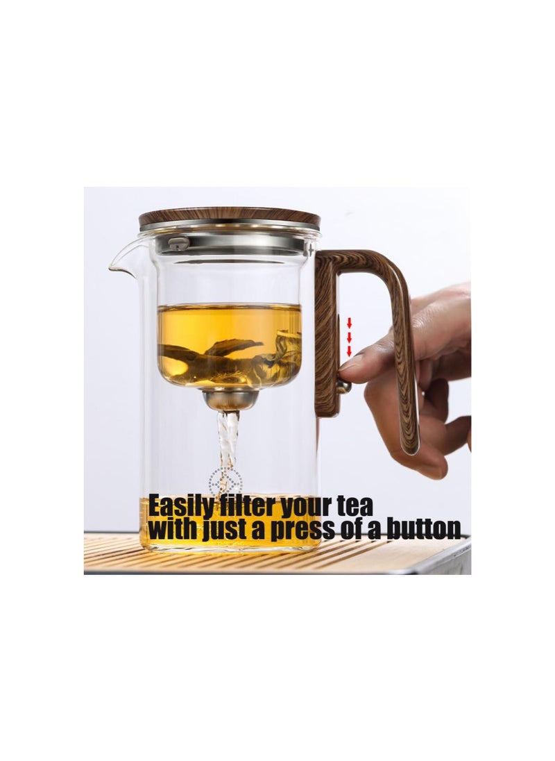 Enchanti Tea Pot, Magic Teapot With Infuser, Enchanted Tea Witchcraft Teapot, One Click Magnetic Switch Tea Separation Filtration Glass Tea Pot Wood (520ml)