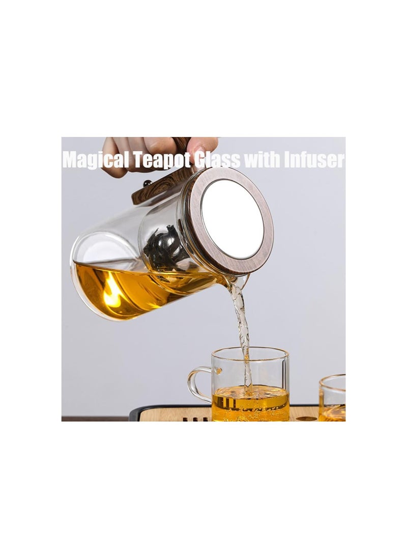 Enchanti Tea Pot, Magic Teapot With Infuser, Enchanted Tea Witchcraft Teapot, One Click Magnetic Switch Tea Separation Filtration Glass Tea Pot Wood (520ml)