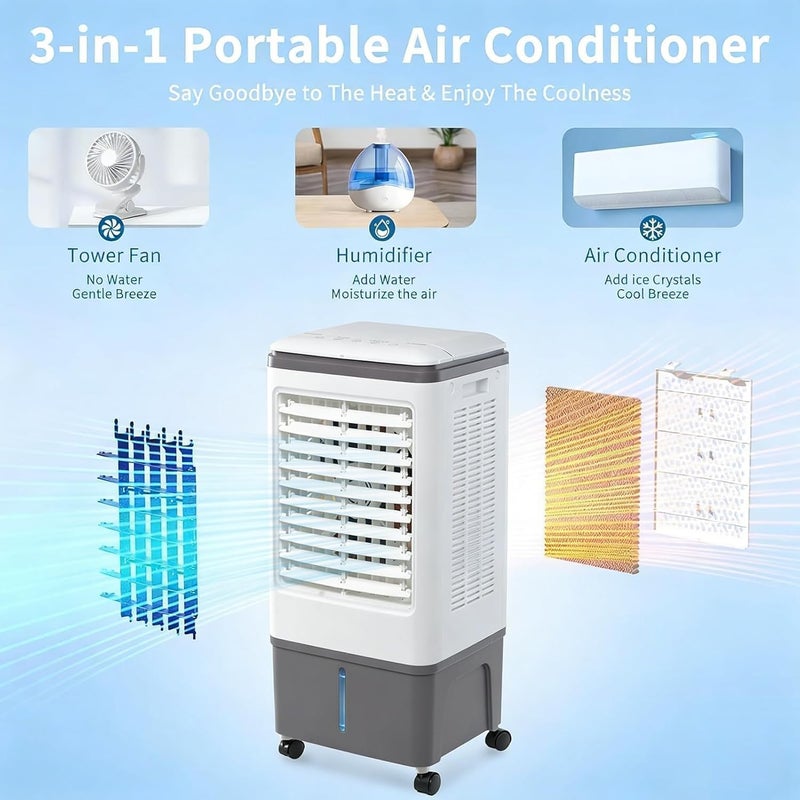 TDOO Evaporative Air Cooler, TDOO Cooling Fan with 3 Modes & 3 Speeds, Windowless Air Conditioner with 12-H Timer Remote Control，Portable Unit w/ 30L Water Tank, Fast Cooling for Room - Image 3