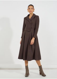 Notch Lapel Button Detail Wool Like Blazer Midi Dress