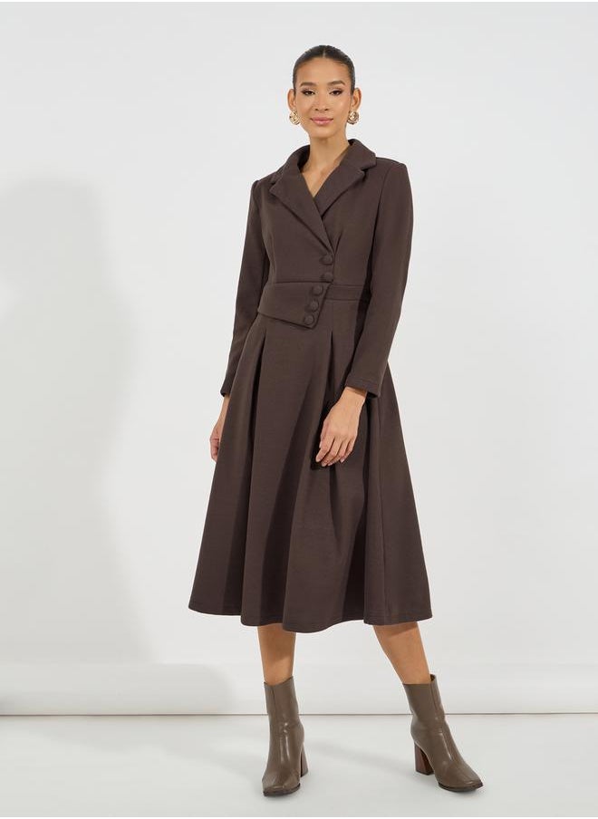 Styli - Notch Lapel Button Detail Wool Like Blazer Midi Dress - Image 1