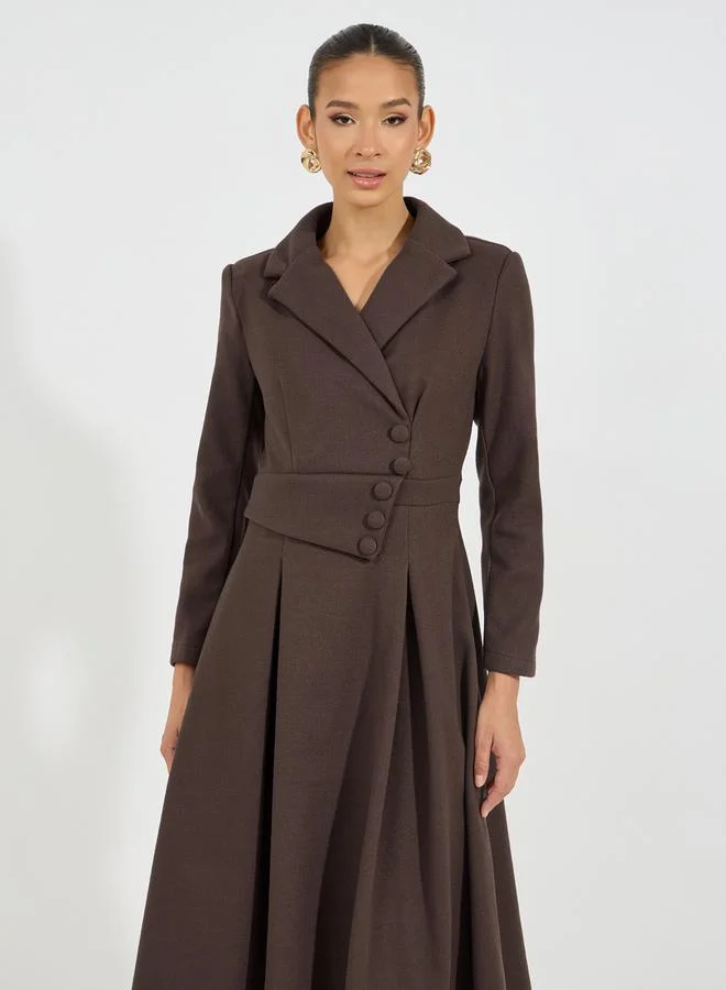 Styli Notch Lapel Button Detail Wool Like Blazer Midi Dress