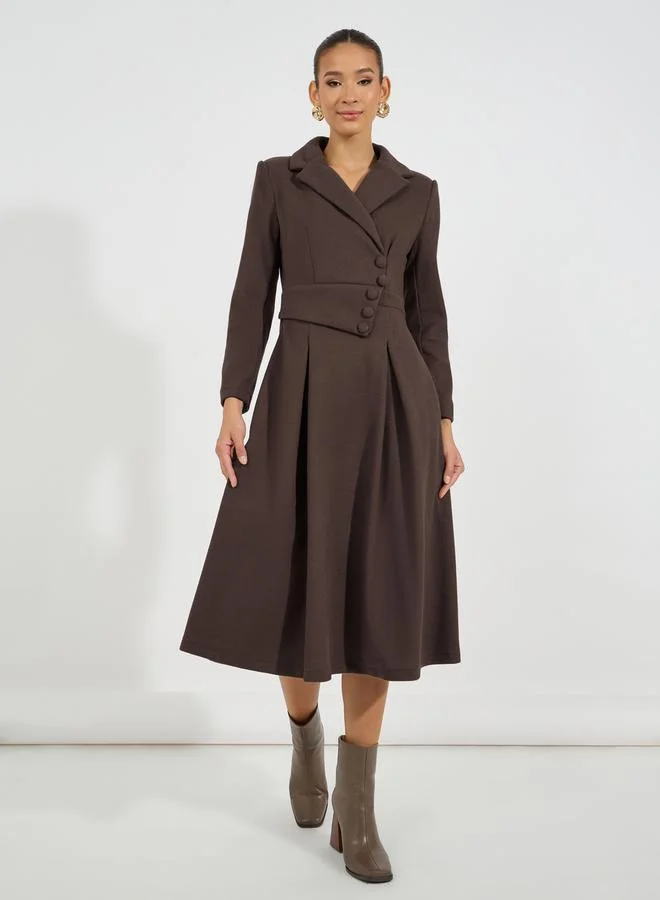 Styli Notch Lapel Button Detail Wool Like Blazer Midi Dress