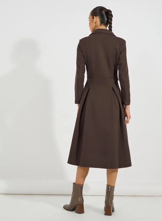 Styli Notch Lapel Button Detail Wool Like Blazer Midi Dress