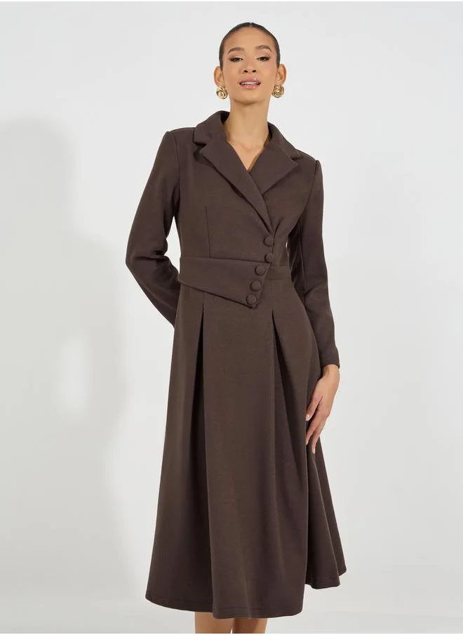 Styli Notch Lapel Button Detail Wool Like Blazer Midi Dress