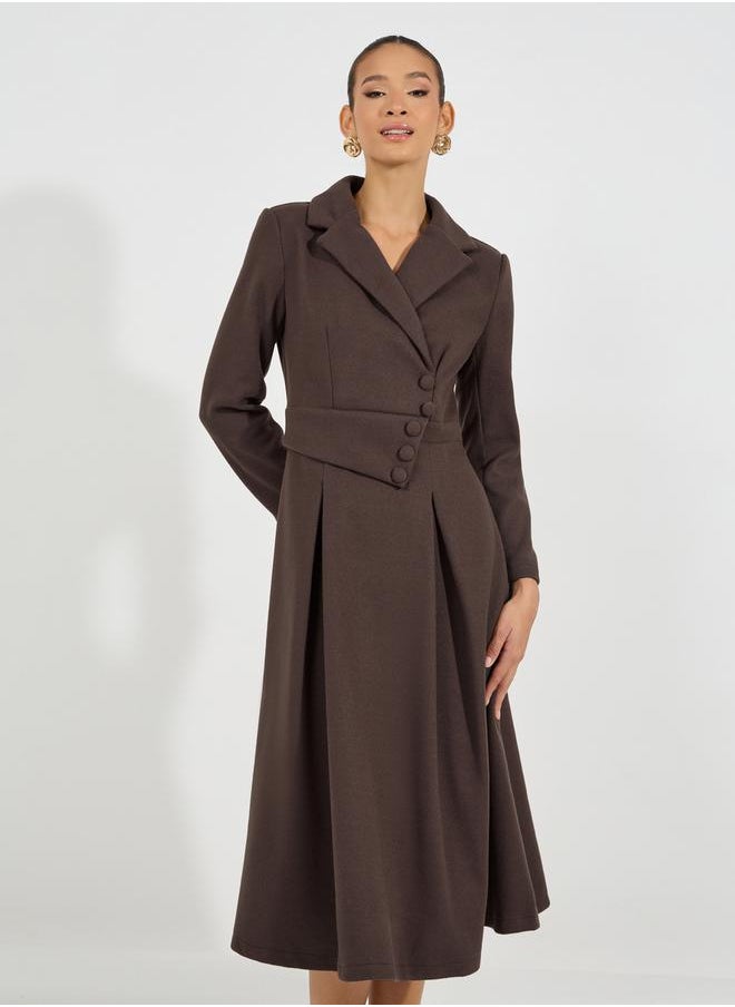 Styli - Notch Lapel Button Detail Wool Like Blazer Midi Dress - Image 1