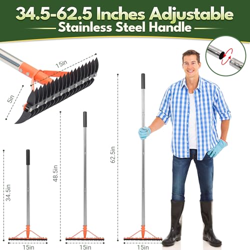 CKLT Thatch Rake for Lawns 18 Sharp Tempered Spring Steel Tines Dethatcher Rake Heavy Duty Dethatching Rakes with 62.5" Adjustable Stainless Steel Handle for Lawn Care，Dead Grass, Garden, Yard - Image 5