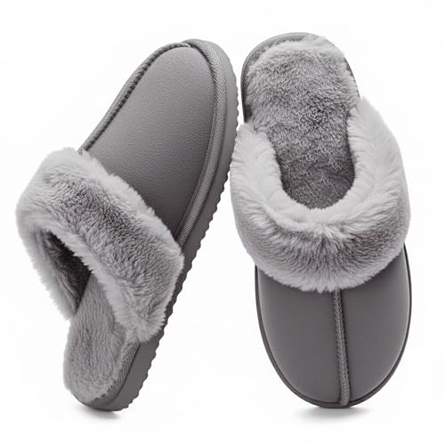 OOW Fuzzy Slippers for Women Cozy Faux Fur House Shoes Winter Warm Memory Foam Slippers for Indoor and Outdoor Grey Size 8 - Image 1