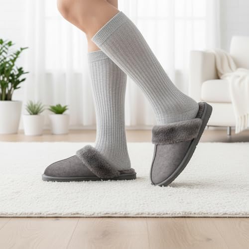 OOW Fuzzy Slippers for Women Cozy Faux Fur House Shoes Winter Warm Memory Foam Slippers for Indoor and Outdoor Grey Size 8 - Image 2