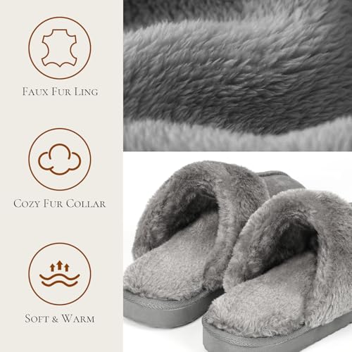 OOW Fuzzy Slippers for Women Cozy Faux Fur House Shoes Winter Warm Memory Foam Slippers for Indoor and Outdoor Grey Size 8 - Image 5