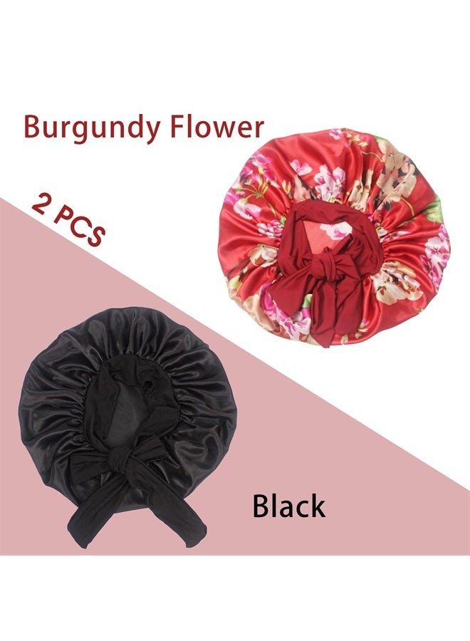 2 Pack Silk Satin Hair Bonnet Sleeping Hat with Stretch Tie Band Bonnets Silk Bonnet Satin Bonnet Adjustable Bonnet for Curly Hair Sleeping Adult Women Girls（Black+Burgundy Flower）