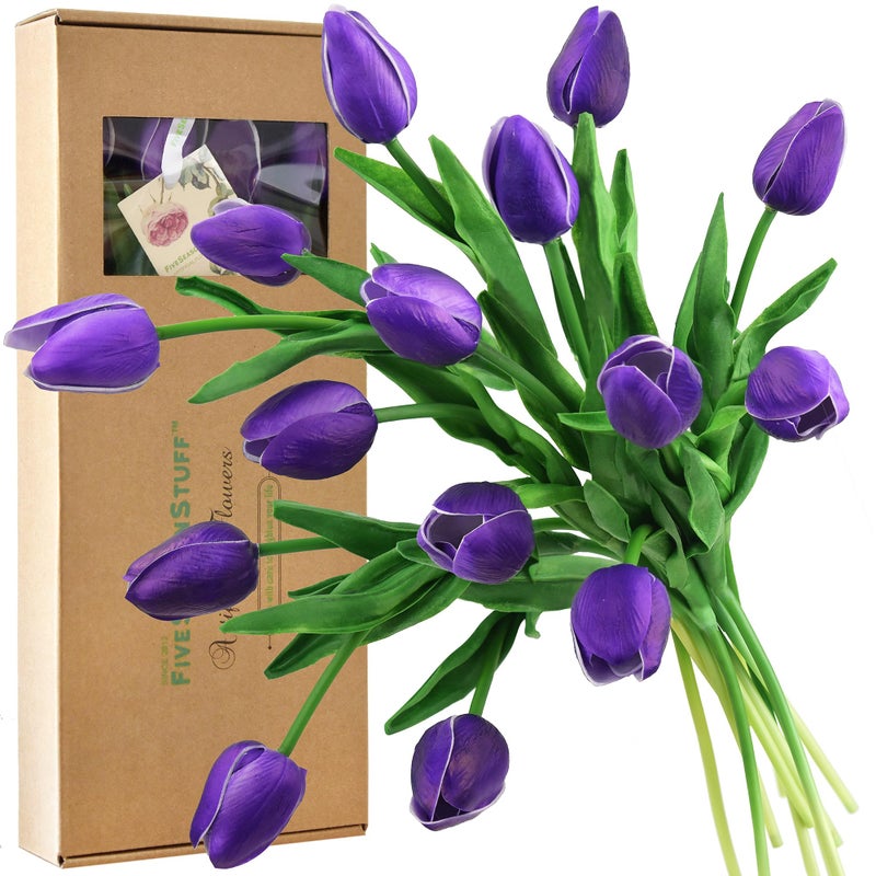 Real Touch Tulips Artificial Flowers  15 Stems Faux Tulip Bouquet in Gift Box for Wedding Home Decor Party Floral Arrangements Sweet Plum Purple
